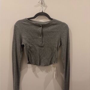Commense Gray Long Sleeve Polo Crop Top